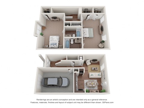 Floor plan for 2 beds, 2.5 baths, 1379 sqft